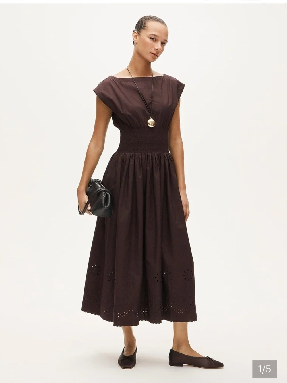 J. Crew Dark Brown Smocked Midi Skirt with Eyelet Hem